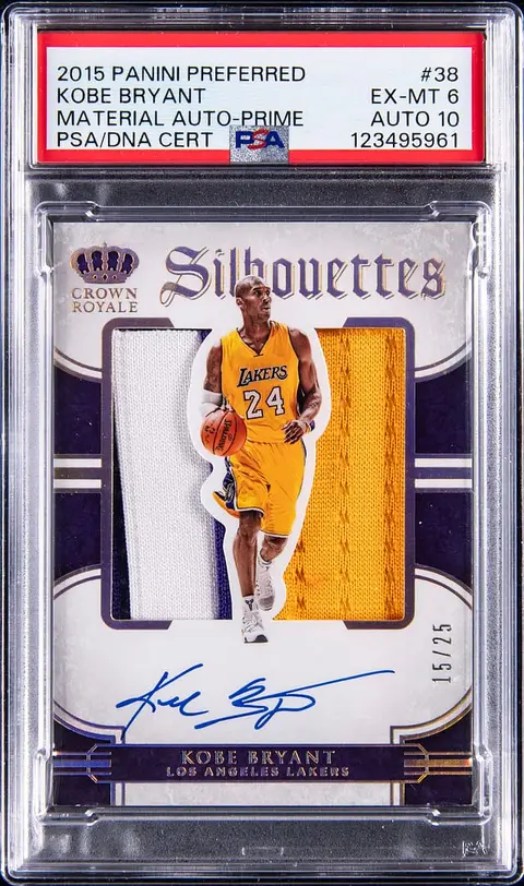 2015-16 Panini Preferred Material Autographs Prime #38 Kobe Bryant Signed Patch Card (#15/25) - PSA EX-MT 6, PSA/DNA GEM MT 10 - Pop 1