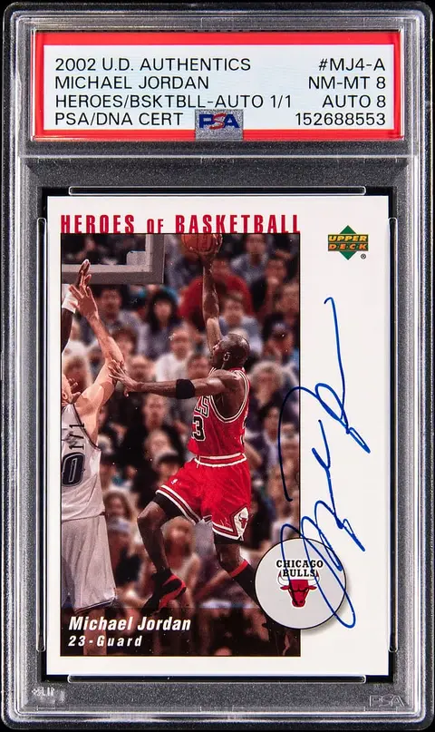 2002-03 Upper Deck Authentics Heroes of Basketball Autographs #MJ4-A Michael Jordan Signed Card (#1/1) - PSA NM-MT 8, PSA/DNA NM-MT 8