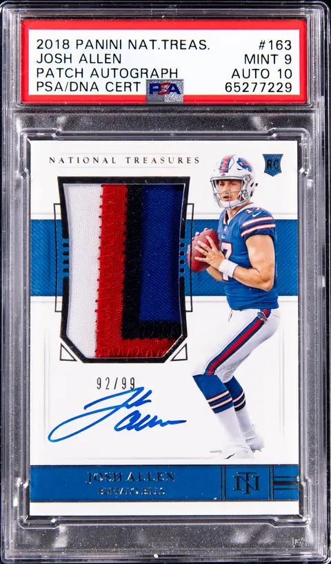 2018 Panini National Treasures Rookie Patch Autograph (RPA) #163 Josh Allen Signed Patch Rookie Card (#92/99) - PSA MINT 9, PSA/DNA GEM MT 10