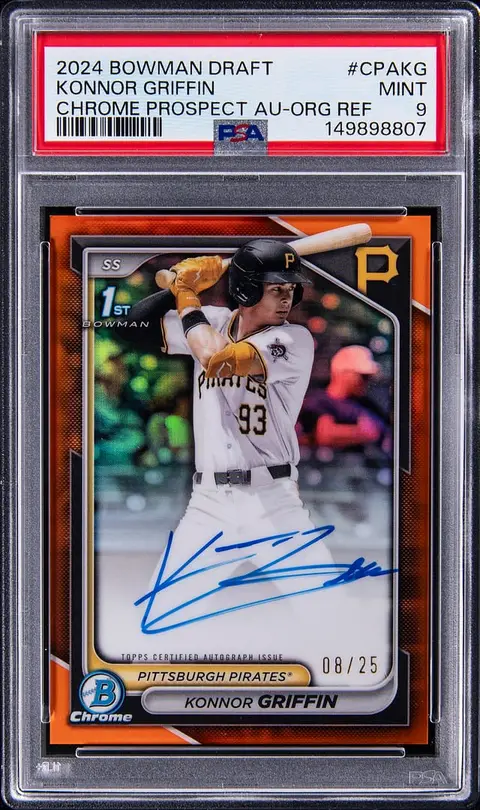 2024 Bowman Draft Chrome Prospect Autograph Orange Refractor #CPA-KG Konnor Griffin Signed Rookie Card (#08/25) - PSA MINT 9