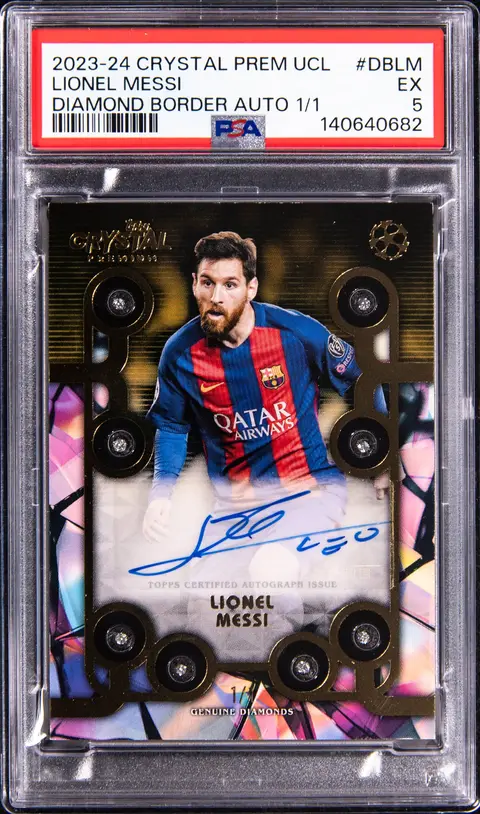 2023-24 Topps Crystal Premium UCL Diamond Border Autograph #DB-LM Lionel Messi Signed Diamond Relic Card (#1/1) - PSA EX 5