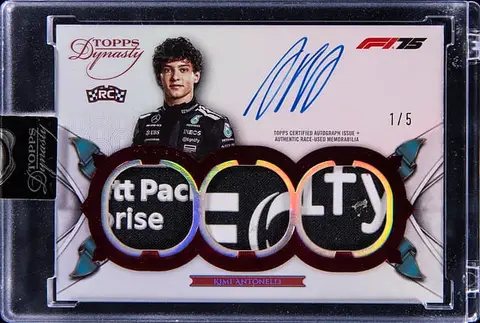 2025 Topps Dynasty F1 Triple Relic Autograph Red #SDTRA-ANNI Kimi Antonelli Signed Race-Used Patch Rookie Card (#1/5) - Topps Encased