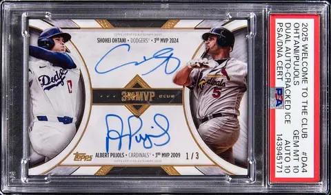 2025 Topps Welcome To The Club 3X MVP Dual Autographs Cracked Ice #DA4 Shohei Ohtani/Albert Pujols Dual-Signed Card (#1/3) - PSA GEM MT 10, PSA/DNA GEM MT 10 - Pop 2