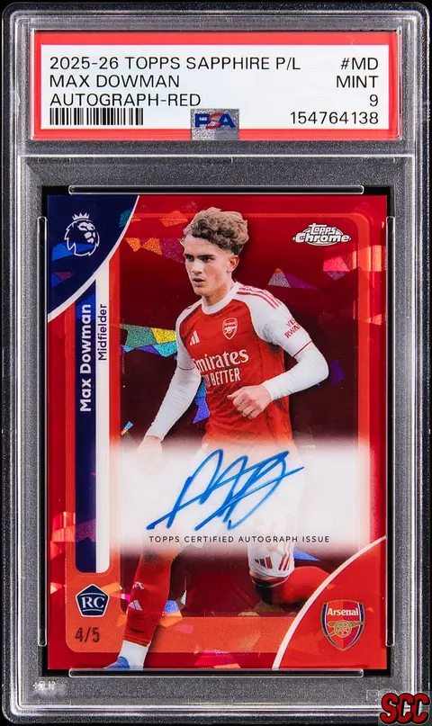 2025-26 Topps Chrome Sapphire Edition Premier League Autographs Red #CA-MD Max Dowman Signed Rookie Card (#4/5) - PSA MINT 9