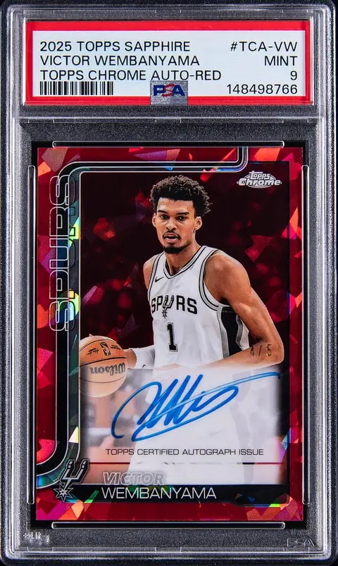 2025-26 Topps Chrome Sapphire Edition Topps Chrome Autographs Red Refractor #TCA-VW Victor Wembanyama Signed Card (#4/5) - PSA MINT 9