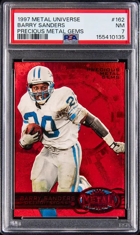 1997 SkyBox Metal Universe Precious Metal Gems (PMG) Red #162 Barry Sanders (#086/150) - PSA NM 7