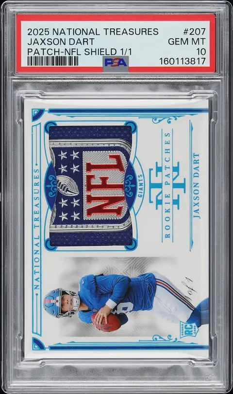 2025 Panini National Treasures Rookie Patches NFL Shield #207 Jaxson Dart NFL Shield Patch Rookie Card (#1/1) - PSA GEM MT 10
