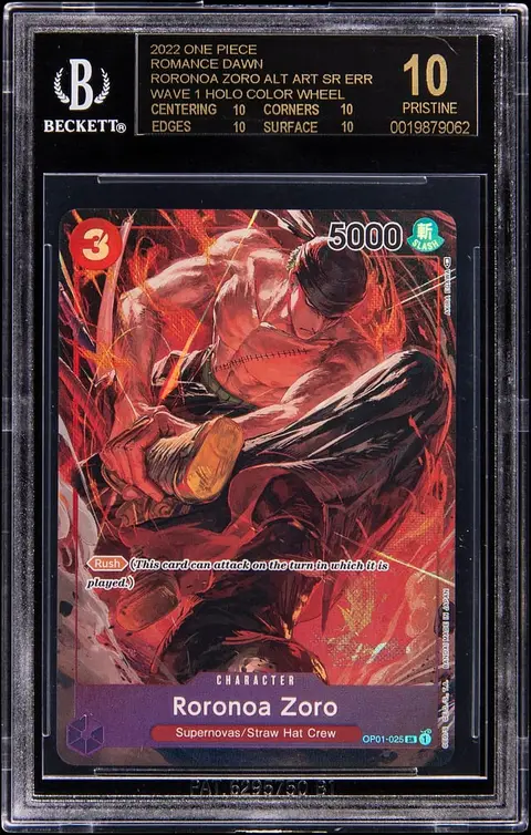 2022 One Piece Romance Dawn Wave 1 Holo Color Wheel Alternate Art Secret Rare Error #OP01-025 Roronoa Zoro - BGS PRISTINE/Black Label 10 - Pop 5