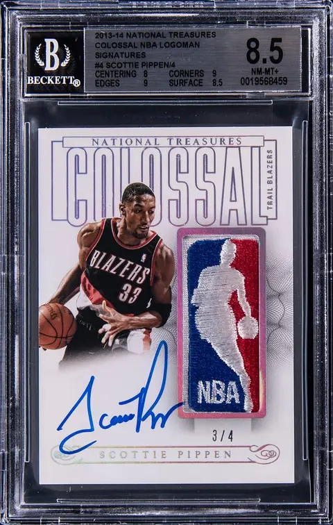 2013-14 Panini National Treasures Colossal NBA Logoman Signatures #CL-SP Scottie Pippen Signed Logoman Patch Card (#3/4) - BGS NM-MT+ 8.5 - Pop 2