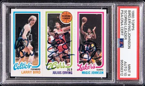 1980-81 Topps Scoring Leader Larry Bird/Julius Erving/Magic Johnson Multi-Signed Rookie Card - PSA MINT 9, PSA/DNA GEM MT 10