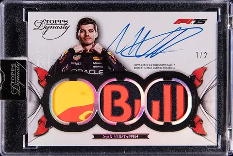 2025 Topps Dynasty F1 Single Driver Triple Relic Autographs Black #SDTRA-MVE Max Verstappen Signed Race-Used Patch Card (#1/2) - Jersey Number - Topps Encased