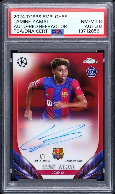 2024 Topps Employee Autographs Red Refractor Lamine Yamal Signed Rookie Card (#1/5) - PSA NM-MT 8, PSA/DNA NM-MT 8 - Pop 1
