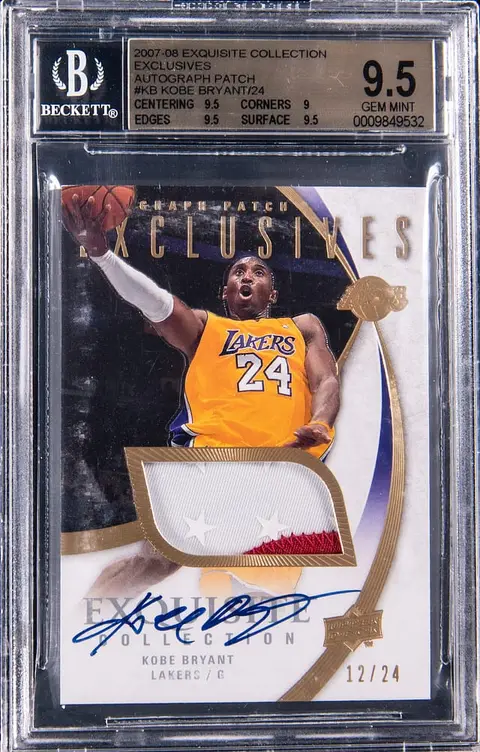 2007-08 Upper Deck Exquisite Collection Exclusives Autograph Patch #EAP-KB Kobe Bryant Signed Game-Used Patch Card (#12/24) - BGS GEM MINT 9.5, Beckett 10 - Pop 3