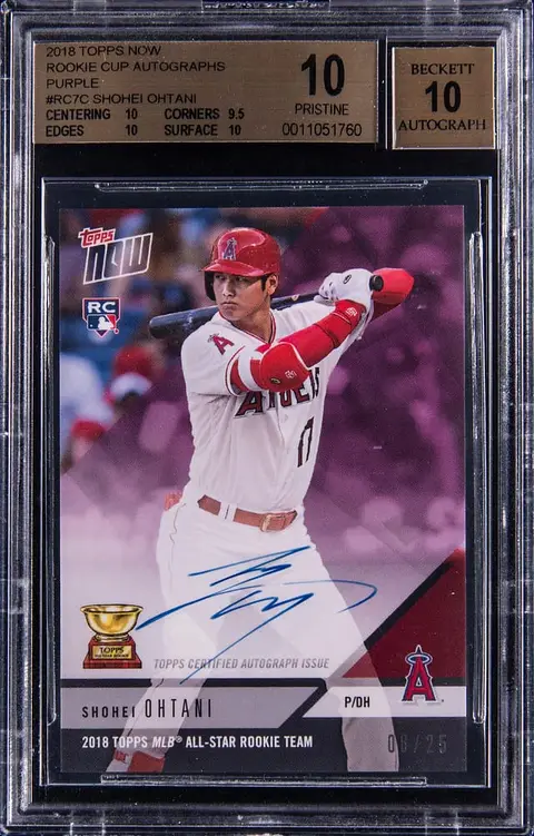 2018 Topps Now Rookie Cup Autographs Purple #RC-7C Shohei Ohtani Signed Rookie Card (#08/25) - BGS PRISTINE 10, Beckett 10 - Pop 3