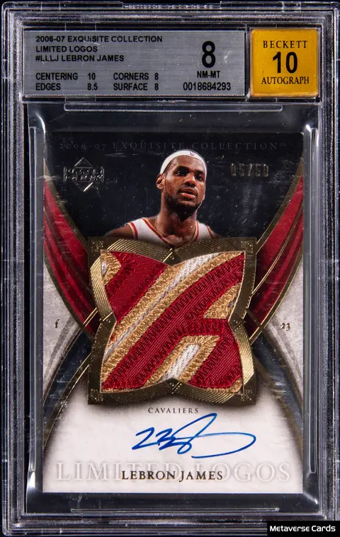 2006-07 Upper Deck Exquisite Collection Limited Logos #LL-LJ LeBron James Signed Game-Used Patch Card (#05/50) - BGS NM-MT 8, Beckett 10