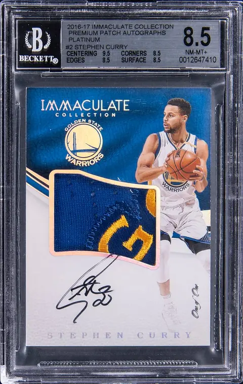 2016-17 Panini Immaculate Collection Premium Patch Autographs Platinum #PP-SC Stephen Curry Signed Game-Used Patch Card (#1/1) - BGS NM-MT+ 8.5