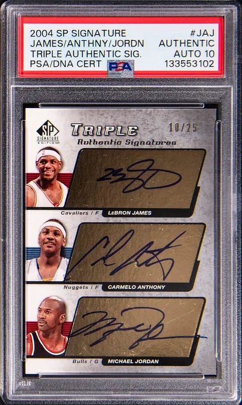 2004-05 Upper Deck SP Signature Edition Triple Authentic Signatures #MS3-JAJ LeBron James/Carmelo Anthony/Michael Jordan Multi-Signed Card (#10/25) - PSA Authentic, PSA/DNA GEM MT 10 - Pop 2
