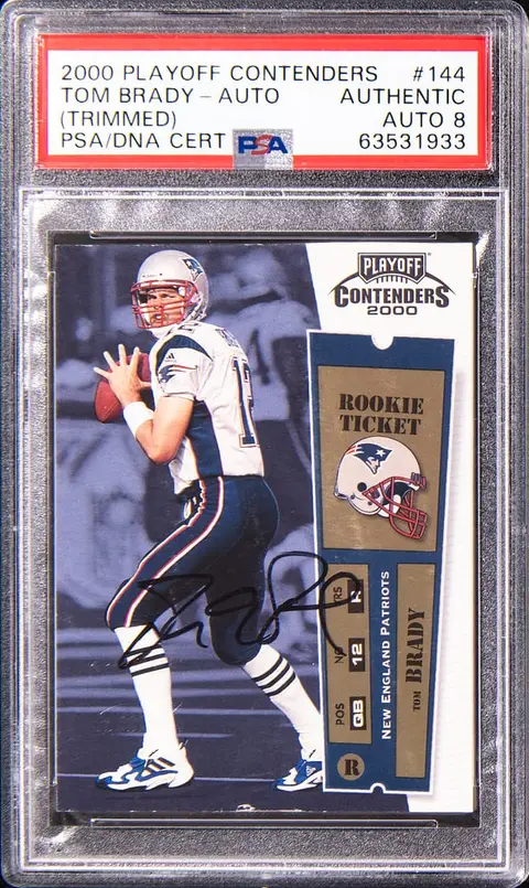 2000 Playoff Contenders Rookie Ticket Autograph #144 Tom Brady Signed Rookie Card - PSA Authentic/Altered (Trimmed), PSA/DNA NM-MT 8