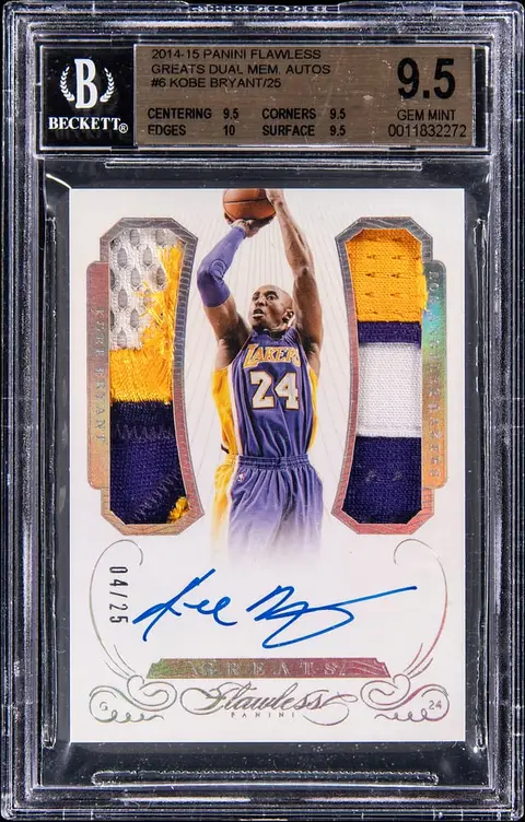 2014-15 Panini Flawless Greats Dual Memorabilia Autograph #GDM-KB Kobe Bryant Signed Patch Card (#04/25) - BGS GEM MINT 9.5, Beckett 10 - True Gem+