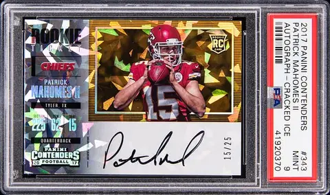 2017 Panini Contenders Rookie Ticket Autograph Cracked Ice #343 Patrick Mahomes II Signed Rookie Card (#15/25) - Jersey Number - PSA MINT 9