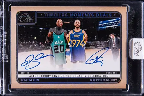 2024-25 Panini One and One Timeless Moments Dual Autographs 1st Off the Line (FOTL) #TMD-REC Stephen Curry/Ray Allen Dual-Signed Card (#3/3) - Panini Encased