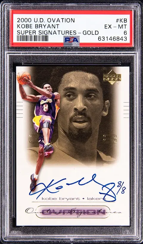 2000-01 Upper Deck Ovation Super Signatures Gold #KB Kobe Bryant Signed Card (#8/8) - Jersey Number - PSA EX-MT 6