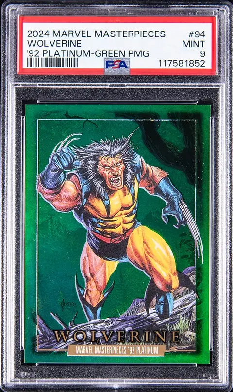 2024 SkyBox Marvel Masterpieces '92 Platinum Precious Metal Gems (PMG) Green #94 Wolverine (#07/10) - PSA MINT 9 - Pop 1