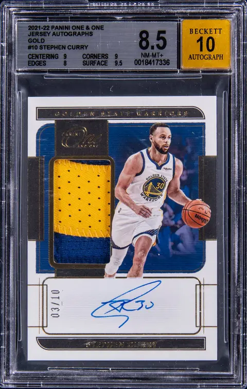 2021-22 Panini One And One Jersey Autographs Gold #10 Stephen Curry Signed Patch Card (#03/10) - BGS NM-MT+ 8.5, Beckett 10