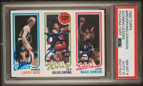 1980-81 Topps Scoring Leader Larry Bird/Julius Erving/Magic Johnson Multi-Signed Rookie Card - PSA NM-MT 8, PSA/DNA GEM MT 10