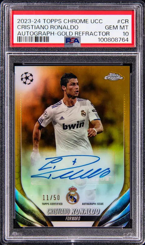 2023-24 Topps Chrome UCC Autograph Gold Refractor #CA-CR Cristiano Ronaldo Signed Card (#11/50) - PSA GEM MT 10 - Pop 3