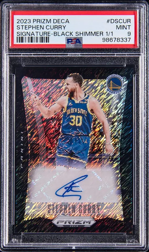 2023-24 Panini Prizm Deca Signatures Black Shimmer Prizm #DS-CUR Stephen Curry Signed Card (#1/1) - PSA MINT 9
