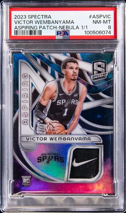 2023-24 Panini Spectra Aspiring Patch Nebula #ASP-VIC Victor Wembanyama Patch Rookie Card (#1/1) - Jersey Number - PSA NM-MT 8