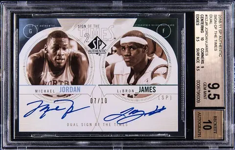 2010-11 Upper Deck SP Authentic Sign Of The Times Dual #S2-JR Michael Jordan/LeBron James Dual Signed Card (#07/10) - BGS GEM MINT 9.5, Beckett 10 - Pop 5