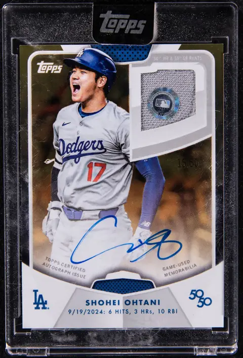 2024 Topps 50/50 Shohei Ohtani Autograph Relic Gold Foil #SOAR-1 Shohei Ohtani Signed Game-Used Pants Relic Card (#15/50) - Used in Historic 50/50 Game on Sept. 19, 2024 - 3 HR, 2 Doubles, 2 SB, 10 RBI - Topps Encased, MLB Authenticated