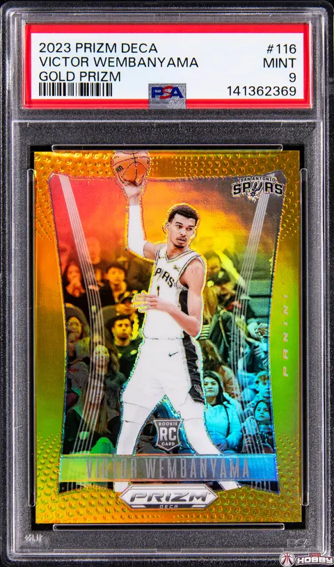 2023-24 Panini Prizm Deca Gold Prizm #116 Victor Wembanyama Rookie Card (#07/10) - PSA MINT 9