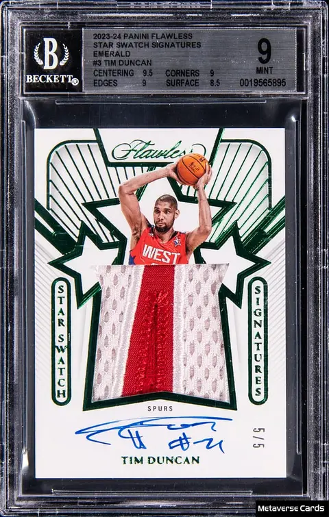2023-24 Panini Flawless Star Swatch Autographs Emerald #SSS-TIM Tim Duncan Signed Patch Card (#5/5) - BGS MINT 9 - Pop 1