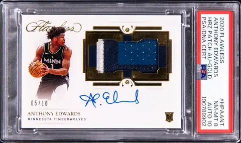 2020-21 Panini Flawless Horizontal Patch Autographs Gold #HPA-ANT Anthony Edwards Signed Patch Rookie Card (#05/10) - Jersey Number - PSA NM-MT 8, PSA/DNA GEM MT 10 - Pop 2