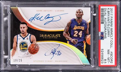 2017-18 Panini Immaculate Collection Dual Autographs #D-SCOR2 Kobe Bryant/Stephen Curry Dual-Signed Card (#19/25) - PSA NM-MT+ 8.5 - Pop 1