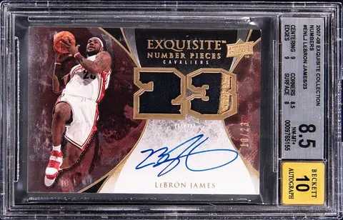 2007-08 Upper Deck Exquisite Collection Numbers #EN-LJ LeBron James Signed Game-Used Patch Card (#10/23) - BGS NM-MT+ 8.5, Beckett 10