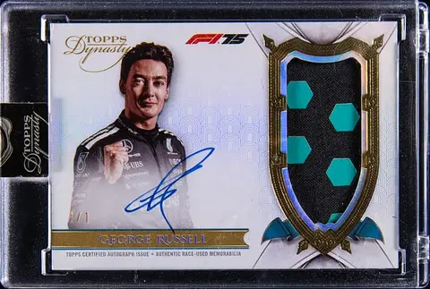 2025 Topps Dynasty F1 Autographed Patches Gold #DAP-GRUVI George Russell Signed, Race-Used Patch Card (#1/1) - Topps Encased