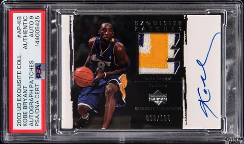 2003-04 Upper Deck Exquisite Collection Autograph Patches #AP-KB Kobe Bryant Signed Game-Used Patch Card (#032/100) - PSA Authentic, PSA/DNA MINT 9