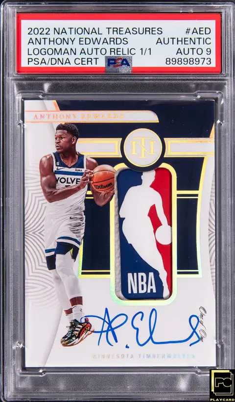 2022-23 Panini National Treasures Logoman Autograph Relic #LOA-ED Anthony Edwards Signed Logoman Patch Card (#1/1) - Jersey Number - PSA Authentic, PSA/DNA MINT 9