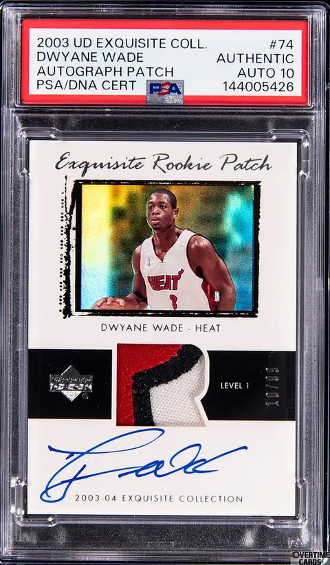 2003-04 Upper Deck Exquisite Collection Rookie Patch Autograph (RPA) #74 Dwyane Wade Signed Patch Rookie Card (#10/99) - PSA Authentic, PSA/DNA GEM MT 10
