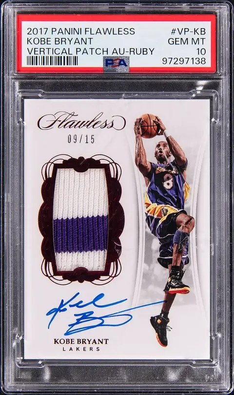 2017-18 Panini Flawless Vertical Patch Autographs Ruby #VP-KB Kobe Bryant Signed Game-Used Patch Card (#09/15) - PSA GEM MT 10 - Pop 1