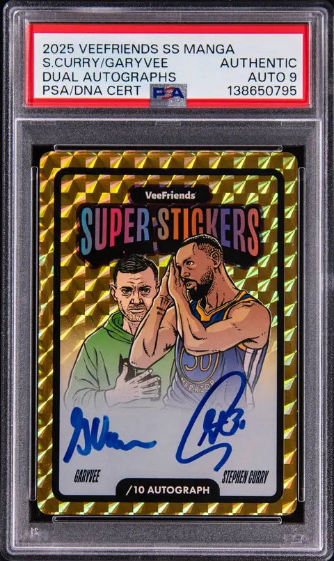 2025 VeeFriends Super Stickers Manga Series Dual Autographs Stephen Curry/Gary Vee Dual-Signed Card - PSA Authentic, PSA/DNA MINT 9