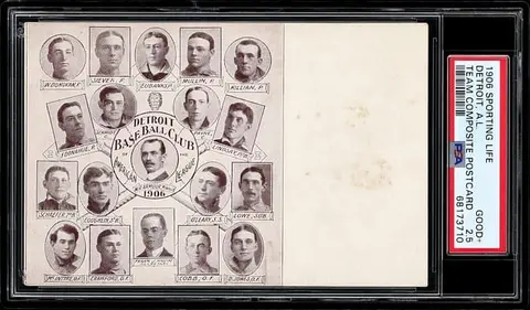 Extremely Rare 1906-07 W601 Sporting Life Team Composite Postcard Detroit – Ty Cobb “True” Rookie & His Inaugural Appearance on any Sports Card - PSA GD+ 2.5 – POP 1; Only One Higher PSA Copy