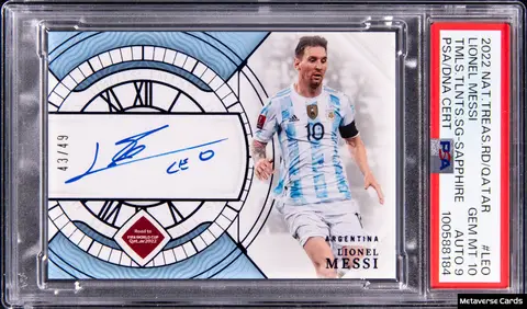 2022 Panini National Treasures Road to FIFA World Cup Qatar Timeless Talents Signatures Sapphire #TS-LEO Lionel Messi Signed Card (#43/49) - PSA GEM MT 10, PSA/DNA MINT 9 - Pop 4