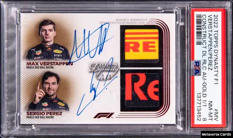 2022 Topps Dynasty F1 Constructor Team Dual Relic Autographs Gold #CTDRA-MV Max Verstappen/Sergio Perez Dual-Signed Patch Card (#1/1) - Driver Number - PSA NM-MT 8
