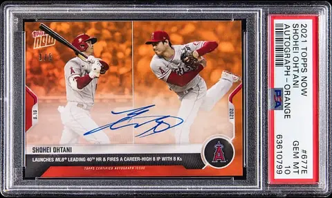 2021 Topps Now Autographs Orange #677E Shohei Ohtani Signed Card (#1/5) - PSA GEM MT 10 - Pop 1