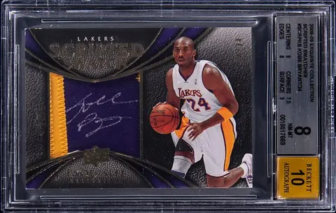 2008-09 Upper Deck Exquisite Collection Scripted Swatches #SCRP-KB Kobe Bryant Signed Patch Card (#18/24) - BGS NM-MT 8, Beckett 10